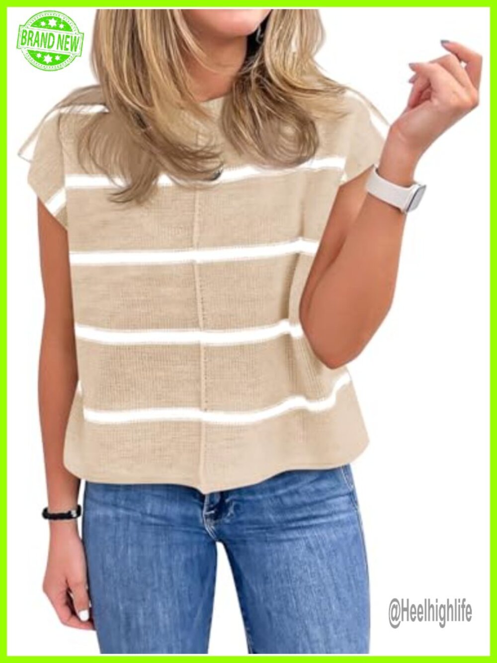 Cap Sleeve Striped Crew Neck Sweater Vest Loose Knit Tank Top